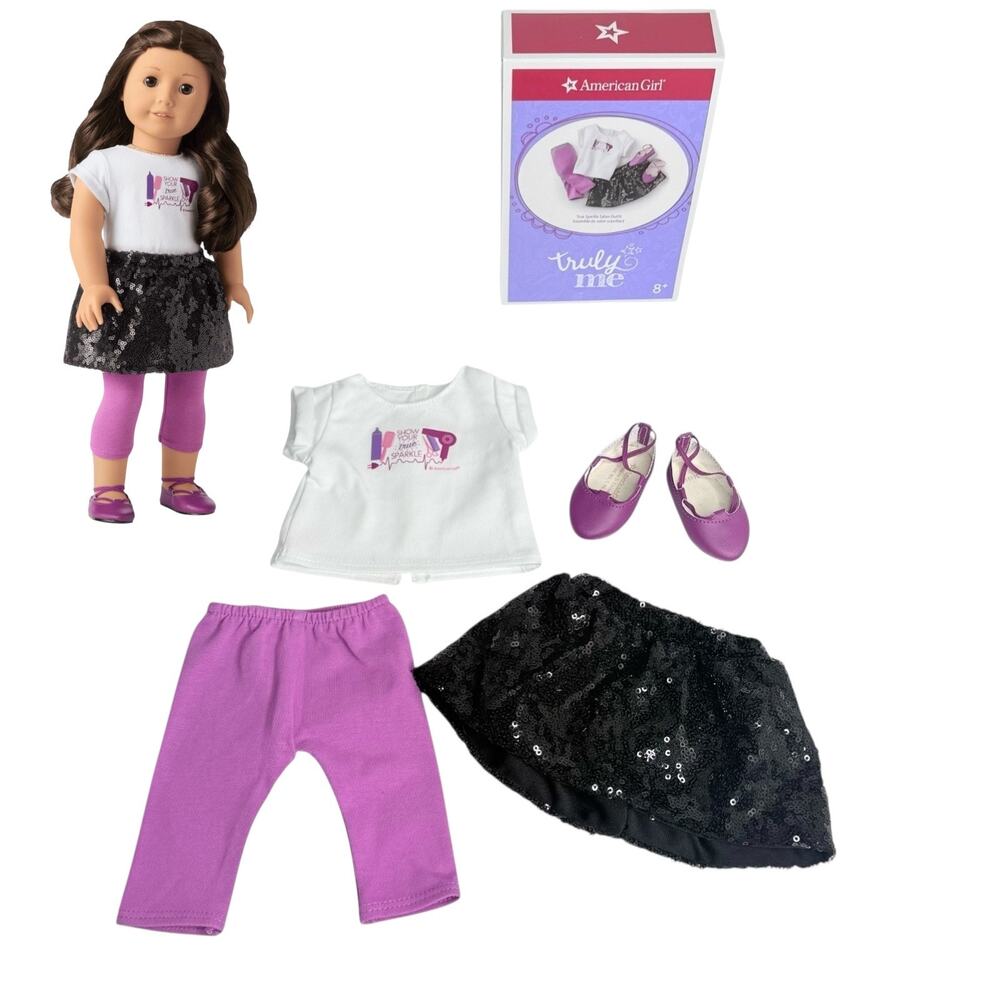 American Girl Tru Sparkle Salon Outfit Sequin Skirts Legging Pant Top Shoes Box